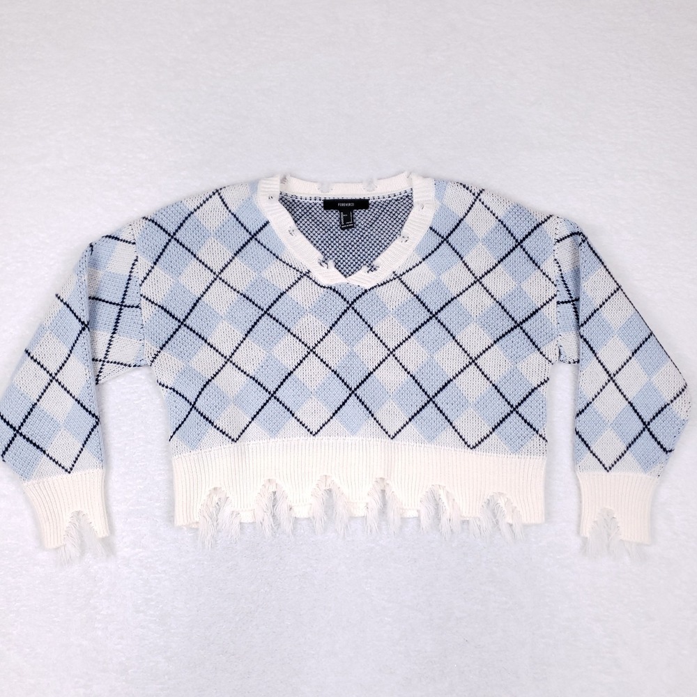Forever 21 Sweater Womens Large Cropped Argyle Distressed Hem Y2K Preppy